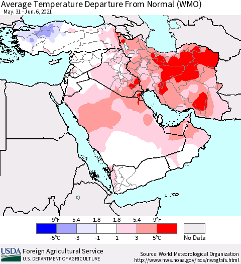 Middle East and Turkey Average Temperature Departure from Normal (WMO) Thematic Map For 5/31/2021 - 6/6/2021