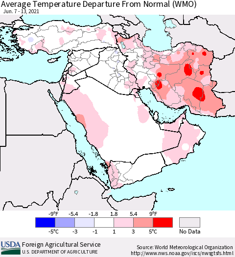 Middle East and Turkey Average Temperature Departure from Normal (WMO) Thematic Map For 6/7/2021 - 6/13/2021