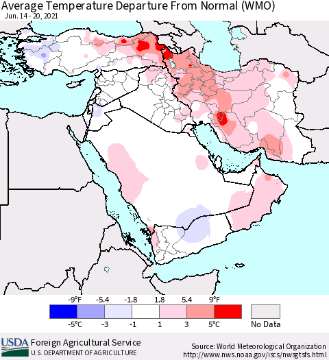 Middle East and Turkey Average Temperature Departure from Normal (WMO) Thematic Map For 6/14/2021 - 6/20/2021