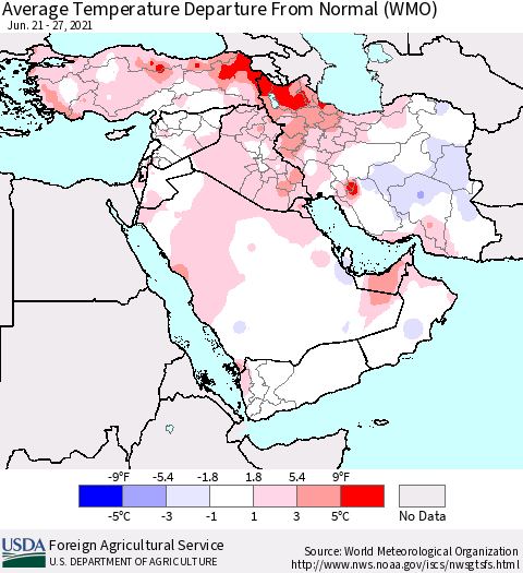 Middle East and Turkey Average Temperature Departure from Normal (WMO) Thematic Map For 6/21/2021 - 6/27/2021