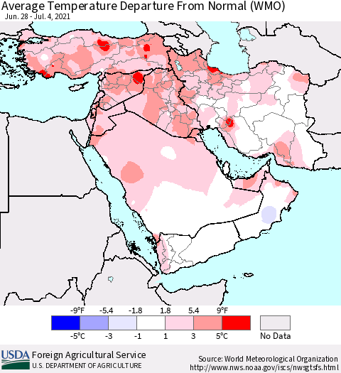Middle East and Turkey Average Temperature Departure from Normal (WMO) Thematic Map For 6/28/2021 - 7/4/2021