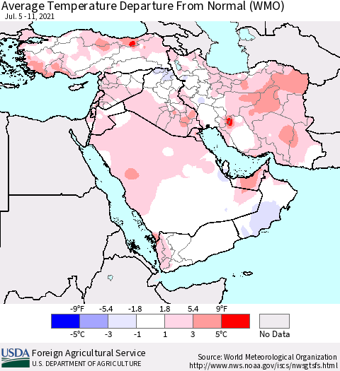 Middle East and Turkey Average Temperature Departure from Normal (WMO) Thematic Map For 7/5/2021 - 7/11/2021