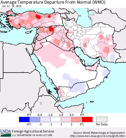 Middle East and Turkey Average Temperature Departure from Normal (WMO) Thematic Map For 7/12/2021 - 7/18/2021