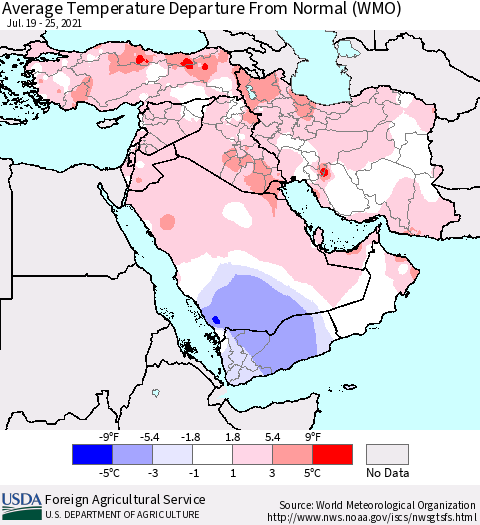 Middle East and Turkey Average Temperature Departure from Normal (WMO) Thematic Map For 7/19/2021 - 7/25/2021
