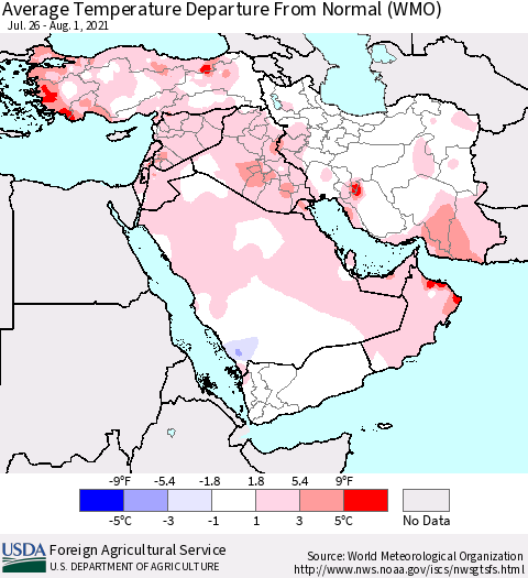 Middle East and Turkey Average Temperature Departure from Normal (WMO) Thematic Map For 7/26/2021 - 8/1/2021
