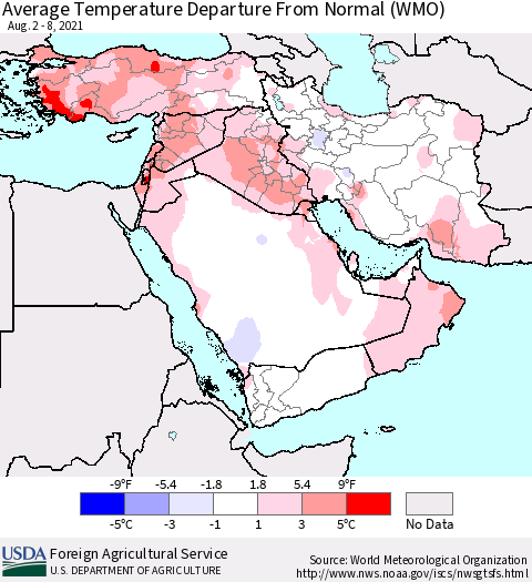 Middle East and Turkey Average Temperature Departure from Normal (WMO) Thematic Map For 8/2/2021 - 8/8/2021