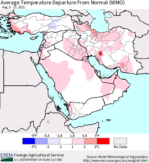 Middle East and Turkey Average Temperature Departure from Normal (WMO) Thematic Map For 8/9/2021 - 8/15/2021