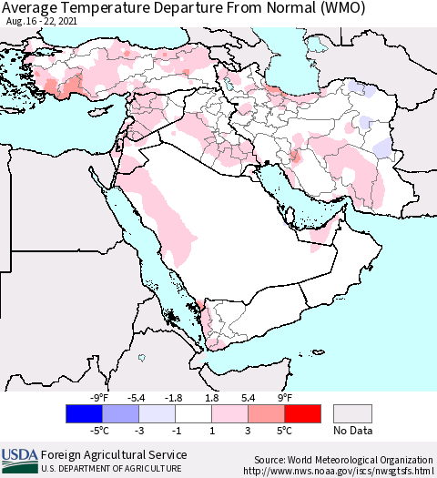 Middle East and Turkey Average Temperature Departure from Normal (WMO) Thematic Map For 8/16/2021 - 8/22/2021