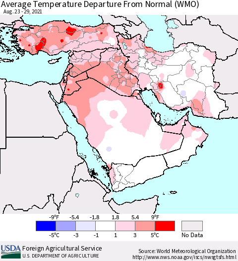 Middle East and Turkey Average Temperature Departure from Normal (WMO) Thematic Map For 8/23/2021 - 8/29/2021