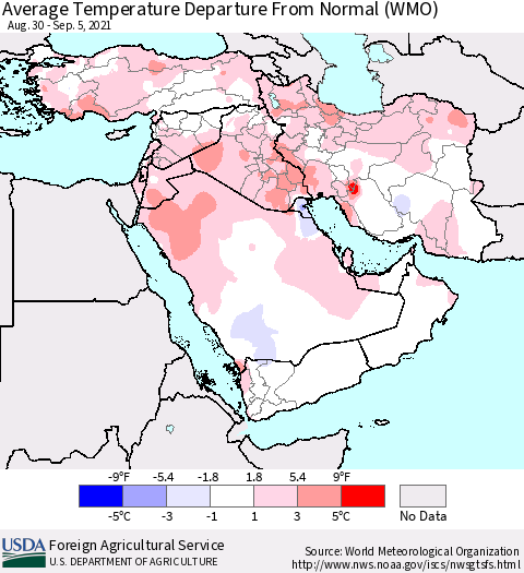 Middle East and Turkey Average Temperature Departure from Normal (WMO) Thematic Map For 8/30/2021 - 9/5/2021