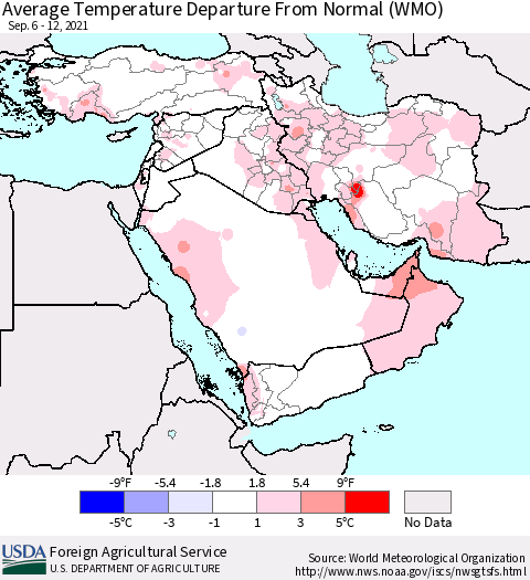 Middle East and Turkey Average Temperature Departure from Normal (WMO) Thematic Map For 9/6/2021 - 9/12/2021