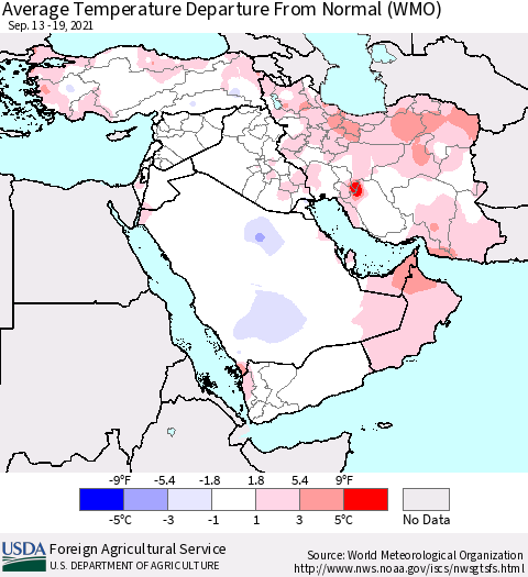 Middle East and Turkey Average Temperature Departure from Normal (WMO) Thematic Map For 9/13/2021 - 9/19/2021