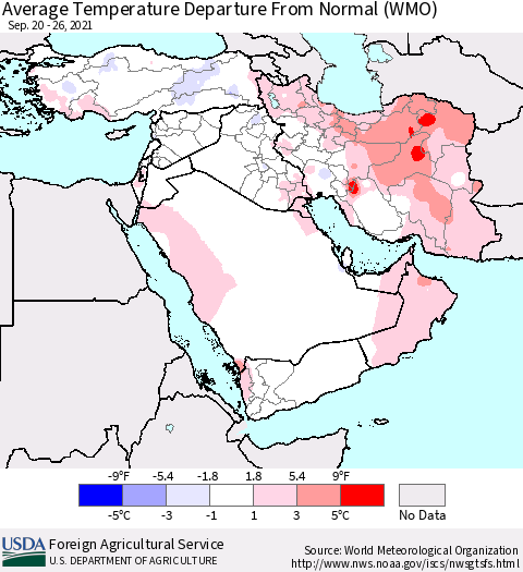 Middle East and Turkey Average Temperature Departure from Normal (WMO) Thematic Map For 9/20/2021 - 9/26/2021