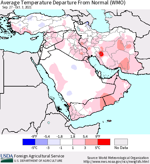 Middle East and Turkey Average Temperature Departure from Normal (WMO) Thematic Map For 9/27/2021 - 10/3/2021