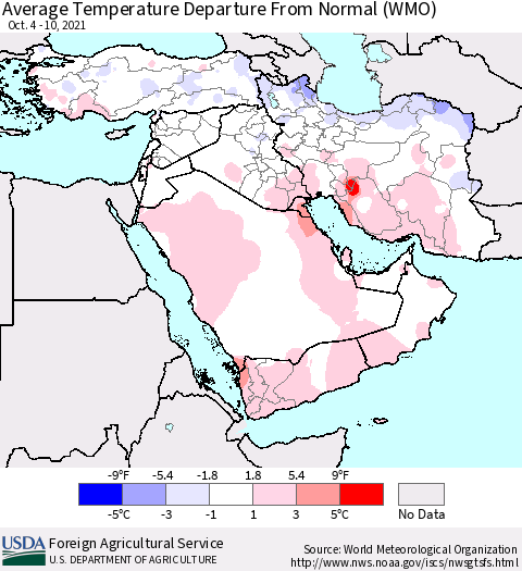 Middle East and Turkey Average Temperature Departure from Normal (WMO) Thematic Map For 10/4/2021 - 10/10/2021