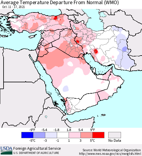 Middle East and Turkey Average Temperature Departure from Normal (WMO) Thematic Map For 10/11/2021 - 10/17/2021