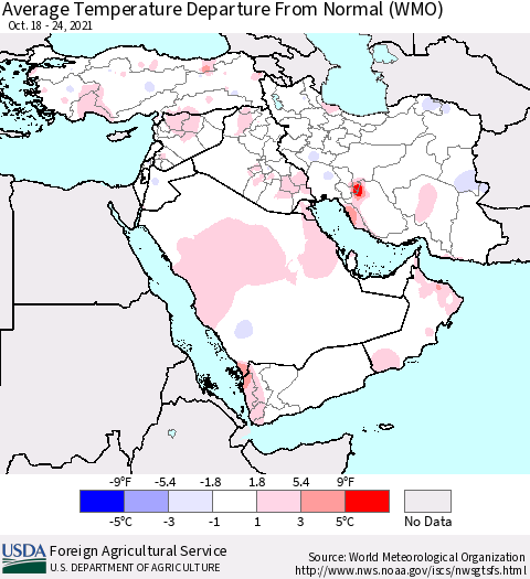 Middle East and Turkey Average Temperature Departure from Normal (WMO) Thematic Map For 10/18/2021 - 10/24/2021