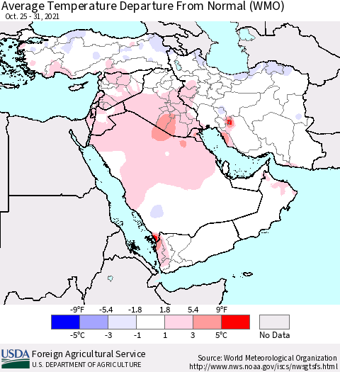 Middle East and Turkey Average Temperature Departure from Normal (WMO) Thematic Map For 10/25/2021 - 10/31/2021