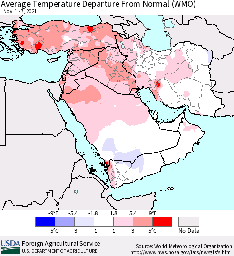 Middle East and Turkey Average Temperature Departure from Normal (WMO) Thematic Map For 11/1/2021 - 11/7/2021