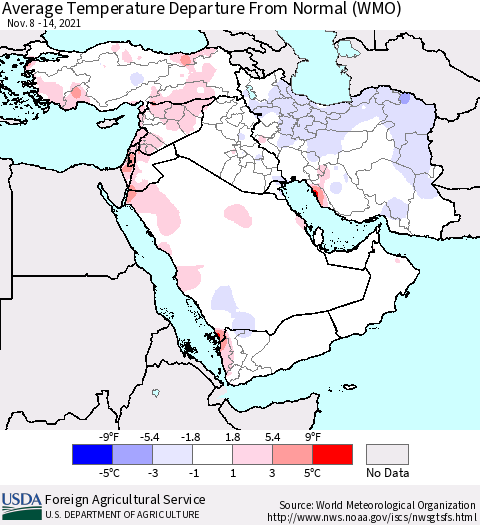 Middle East and Turkey Average Temperature Departure from Normal (WMO) Thematic Map For 11/8/2021 - 11/14/2021