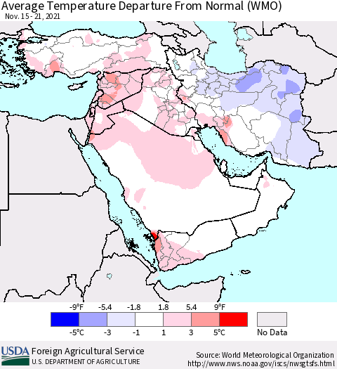 Middle East and Turkey Average Temperature Departure from Normal (WMO) Thematic Map For 11/15/2021 - 11/21/2021