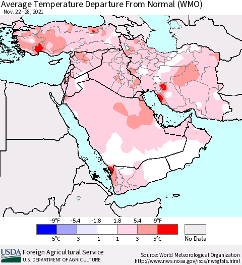 Middle East and Turkey Average Temperature Departure from Normal (WMO) Thematic Map For 11/22/2021 - 11/28/2021