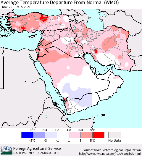 Middle East and Turkey Average Temperature Departure from Normal (WMO) Thematic Map For 11/29/2021 - 12/5/2021