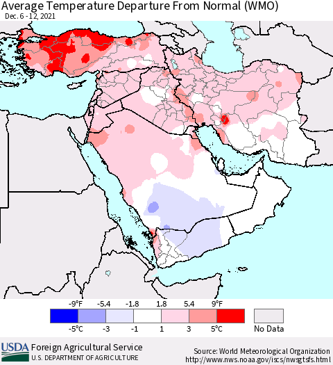 Middle East and Turkey Average Temperature Departure from Normal (WMO) Thematic Map For 12/6/2021 - 12/12/2021