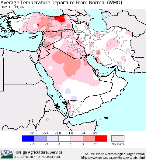Middle East and Turkey Average Temperature Departure from Normal (WMO) Thematic Map For 12/13/2021 - 12/19/2021