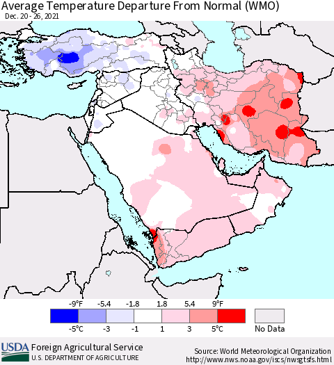 Middle East and Turkey Average Temperature Departure from Normal (WMO) Thematic Map For 12/20/2021 - 12/26/2021