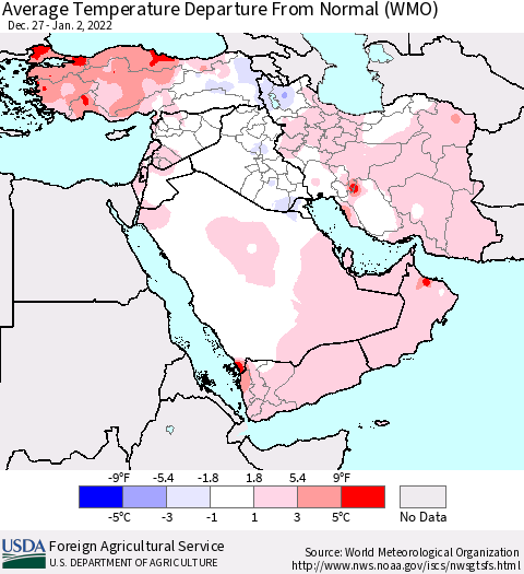 Middle East and Turkey Average Temperature Departure from Normal (WMO) Thematic Map For 12/27/2021 - 1/2/2022