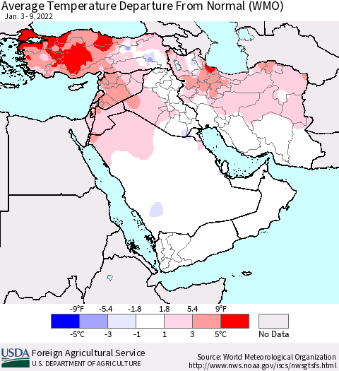 Middle East and Turkey Average Temperature Departure from Normal (WMO) Thematic Map For 1/3/2022 - 1/9/2022