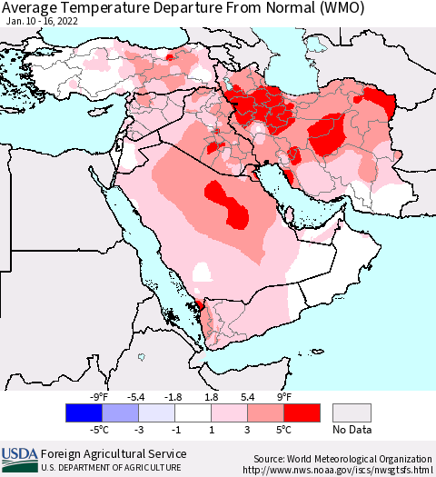 Middle East and Turkey Average Temperature Departure from Normal (WMO) Thematic Map For 1/10/2022 - 1/16/2022