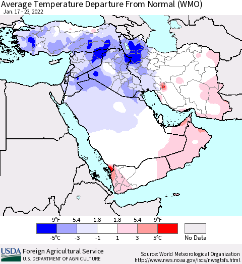 Middle East and Turkey Average Temperature Departure from Normal (WMO) Thematic Map For 1/17/2022 - 1/23/2022