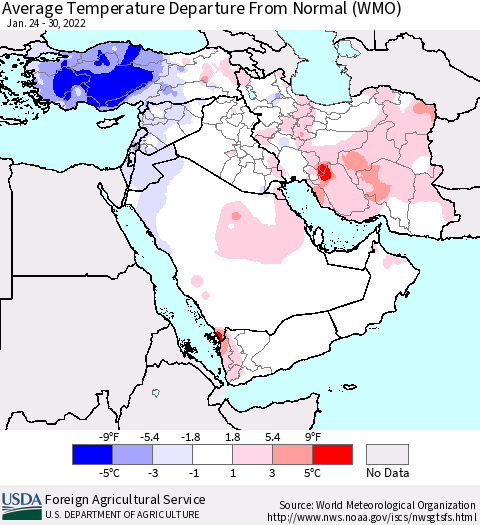 Middle East and Turkey Average Temperature Departure from Normal (WMO) Thematic Map For 1/24/2022 - 1/30/2022