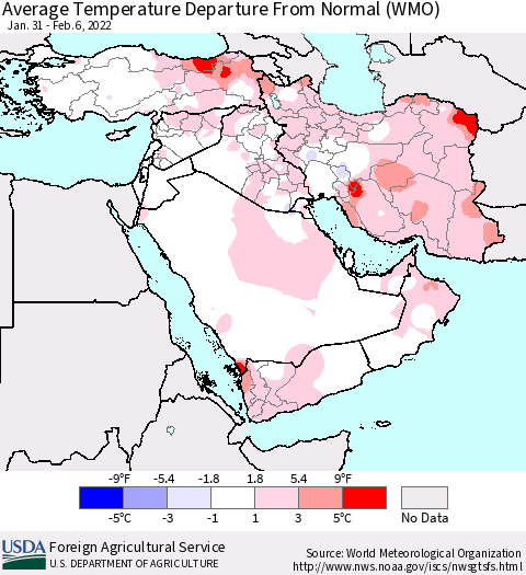 Middle East and Turkey Average Temperature Departure from Normal (WMO) Thematic Map For 1/31/2022 - 2/6/2022