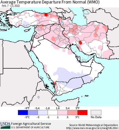 Middle East and Turkey Average Temperature Departure from Normal (WMO) Thematic Map For 2/7/2022 - 2/13/2022