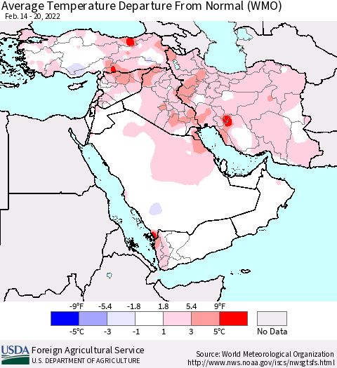 Middle East and Turkey Average Temperature Departure from Normal (WMO) Thematic Map For 2/14/2022 - 2/20/2022