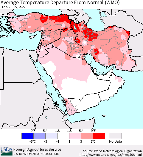 Middle East and Turkey Average Temperature Departure from Normal (WMO) Thematic Map For 2/21/2022 - 2/27/2022