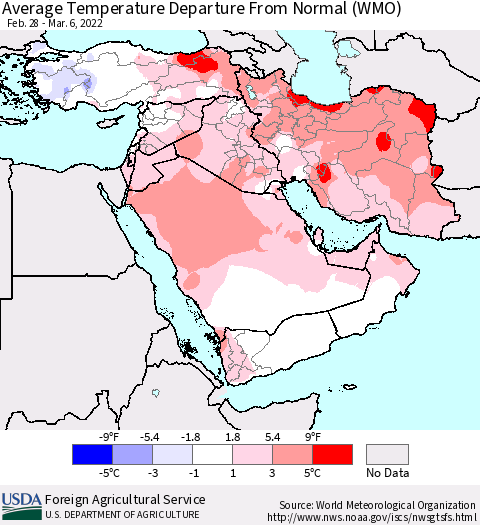 Middle East and Turkey Average Temperature Departure from Normal (WMO) Thematic Map For 2/28/2022 - 3/6/2022