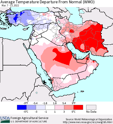 Middle East and Turkey Average Temperature Departure from Normal (WMO) Thematic Map For 3/7/2022 - 3/13/2022