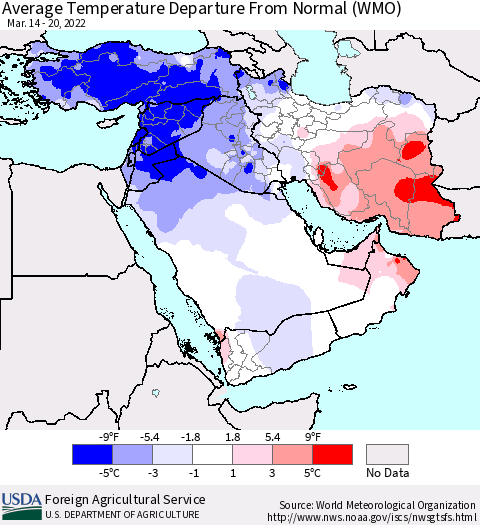 Middle East and Turkey Average Temperature Departure from Normal (WMO) Thematic Map For 3/14/2022 - 3/20/2022