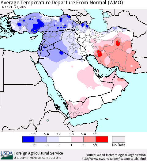 Middle East and Turkey Average Temperature Departure from Normal (WMO) Thematic Map For 3/21/2022 - 3/27/2022