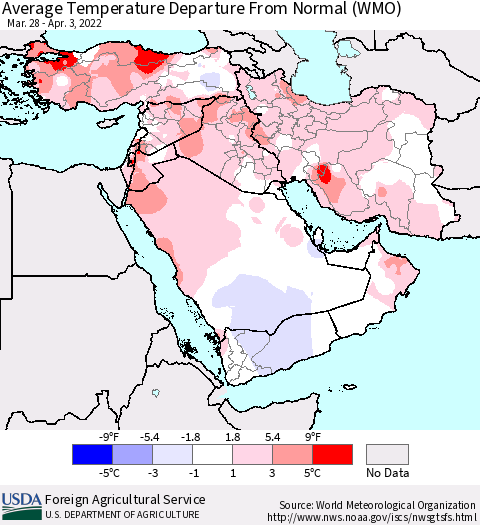 Middle East and Turkey Average Temperature Departure from Normal (WMO) Thematic Map For 3/28/2022 - 4/3/2022