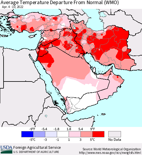 Middle East and Turkey Average Temperature Departure from Normal (WMO) Thematic Map For 4/4/2022 - 4/10/2022