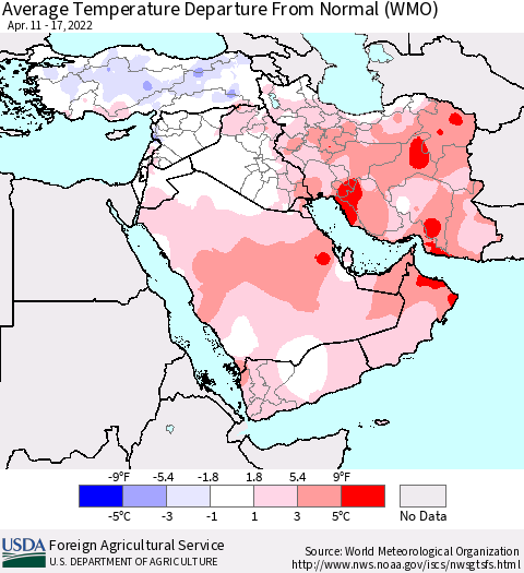 Middle East and Turkey Average Temperature Departure from Normal (WMO) Thematic Map For 4/11/2022 - 4/17/2022