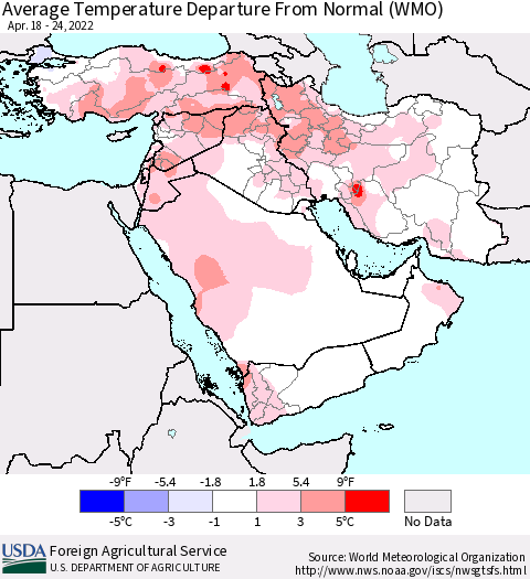 Middle East and Turkey Average Temperature Departure from Normal (WMO) Thematic Map For 4/18/2022 - 4/24/2022