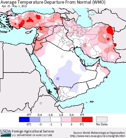Middle East and Turkey Average Temperature Departure from Normal (WMO) Thematic Map For 4/25/2022 - 5/1/2022