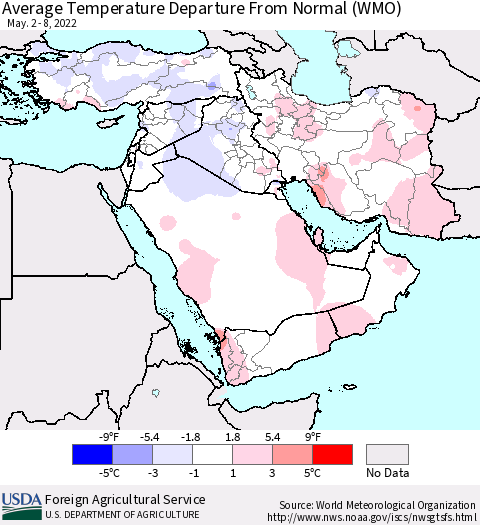 Middle East and Turkey Average Temperature Departure from Normal (WMO) Thematic Map For 5/2/2022 - 5/8/2022