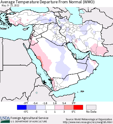 Middle East and Turkey Average Temperature Departure from Normal (WMO) Thematic Map For 5/9/2022 - 5/15/2022